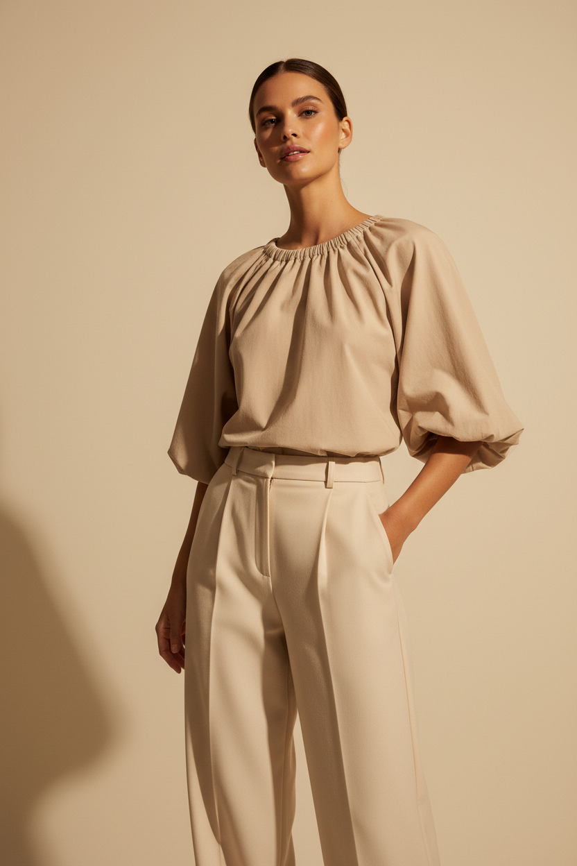 Velora Beige Balloon Sleeve